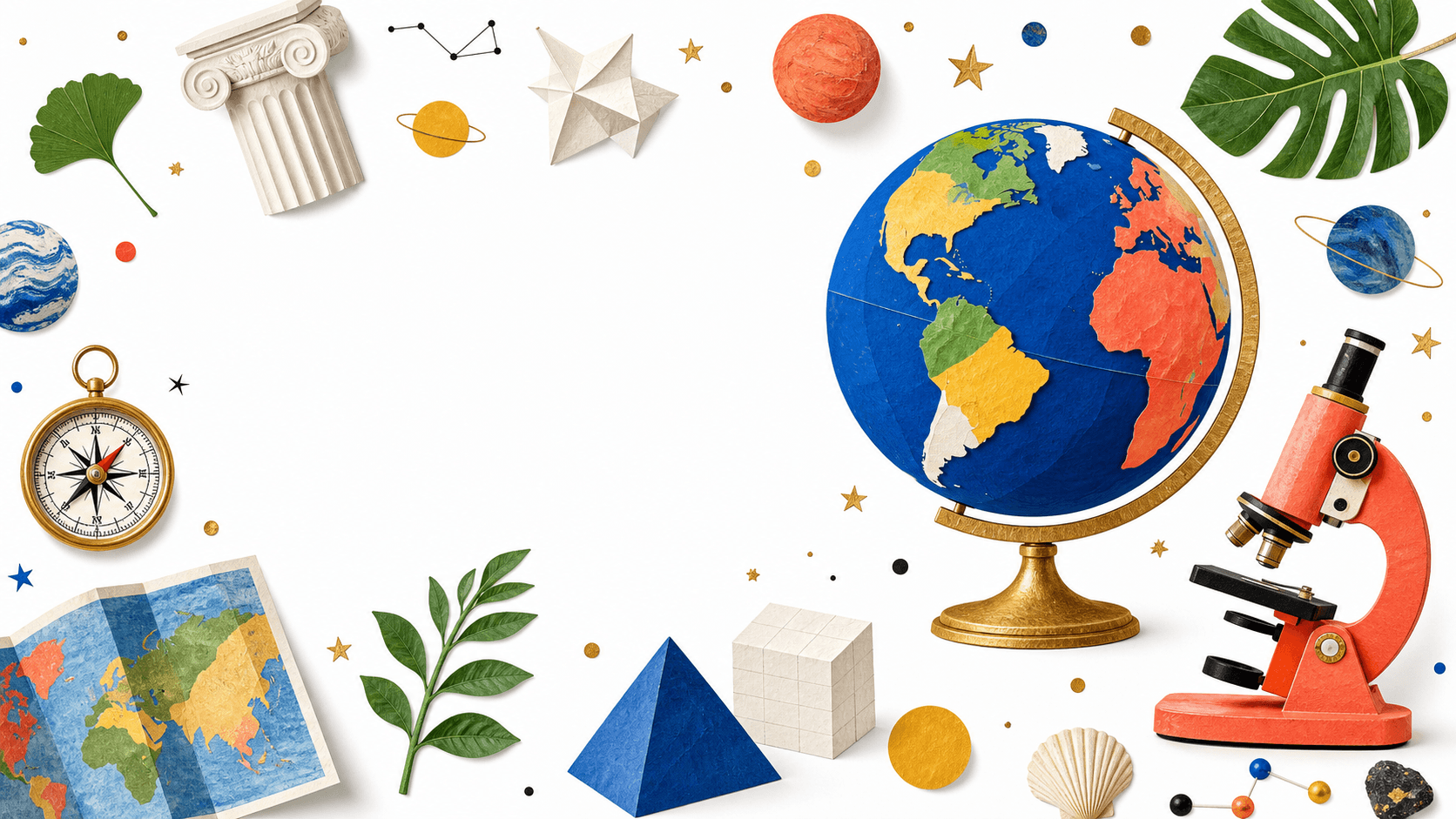 Illustration colorée d'un globe, d'un microscope et d'objets de connaissance